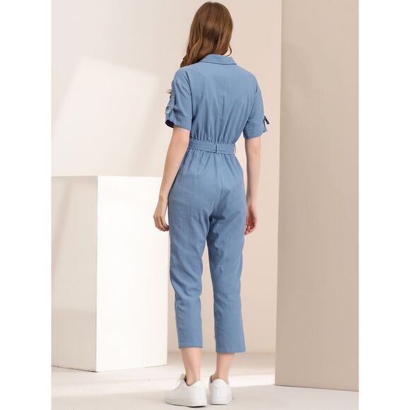Short Sleeve Collared Cropped Button Down Tie Waist Cotton Cargo Jumpsuit Blue - Picture 5 of 6
